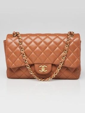 Chanel Authentic Camel Quilted Lambskin Classic Jumbo Double Flap